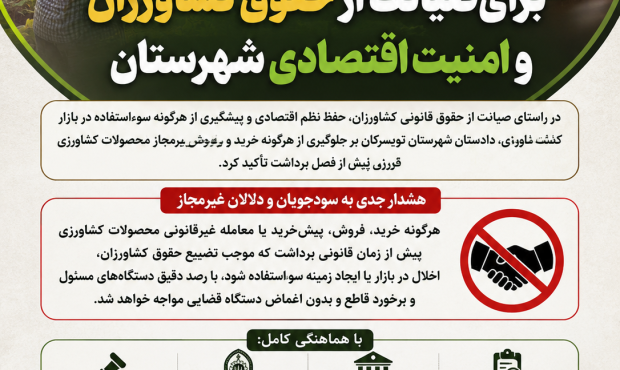 دادستان تویسرکان: با خرید و فروش غیرمجاز محصولات کشاورزی پیش از برداشت، قاطعانه برخورد میشود دادستان تویسرکان: با خرید و فروش غیرمجاز محصولات کشاورزی پیش از برداشت، قاطعانه برخورد میشود